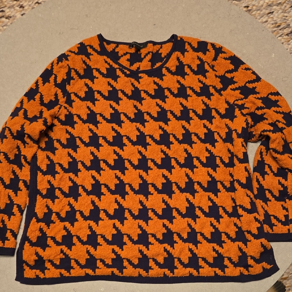 Ann Taylor Orange and Dark Navy Houndstooth Sweater